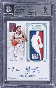 2019-20 Panini Blockchain National Treasures Logoman Autographs #LATY Trae Young Signed Patch Card (#1/1) - BGS MINT 9/BGS 10